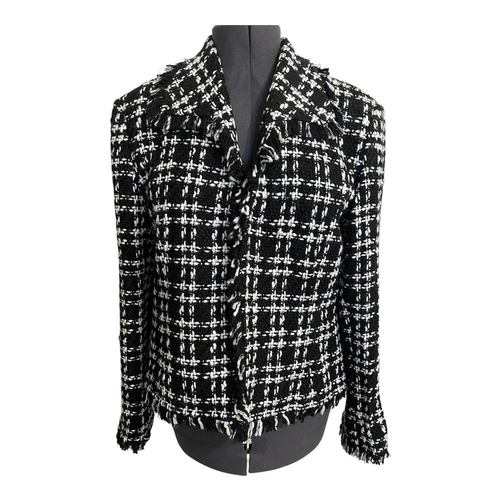 Vintage Michele Tweed Fringe Hem Blazer Jacket Large Black White Check Luxury